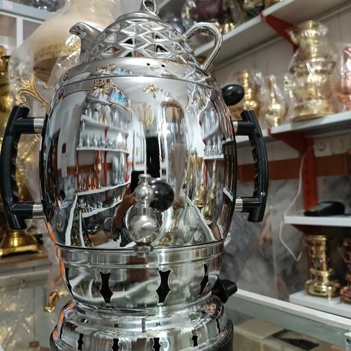 سماور گازی سه کاره مدل آپولون جنس برنج مقاوم و زیبا دسته ها نسوز مجهز به شیر استاندارد همراه باقوری آبکاری شده